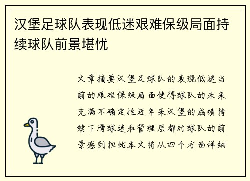 汉堡足球队表现低迷艰难保级局面持续球队前景堪忧