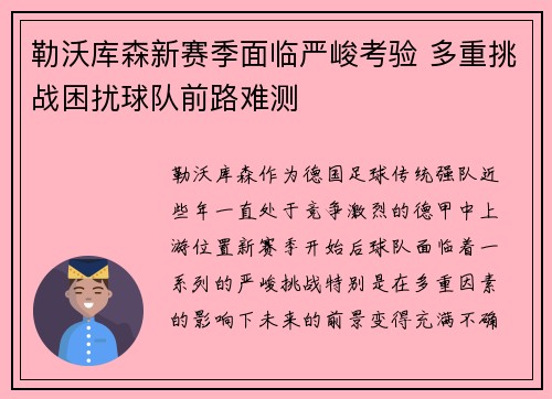 勒沃库森新赛季面临严峻考验 多重挑战困扰球队前路难测