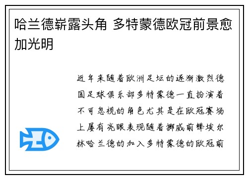 哈兰德崭露头角 多特蒙德欧冠前景愈加光明