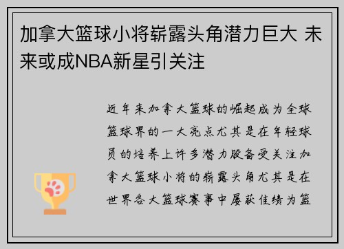 加拿大篮球小将崭露头角潜力巨大 未来或成NBA新星引关注