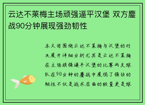 云达不莱梅主场顽强逼平汉堡 双方鏖战90分钟展现强劲韧性