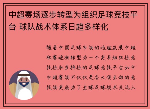 中超赛场逐步转型为组织足球竞技平台 球队战术体系日趋多样化