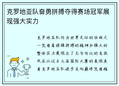 克罗地亚队奋勇拼搏夺得赛场冠军展现强大实力