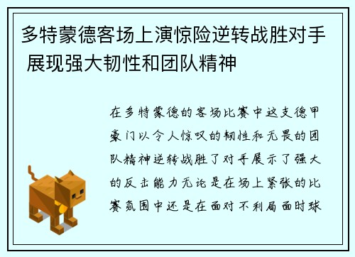 多特蒙德客场上演惊险逆转战胜对手 展现强大韧性和团队精神