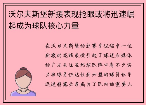 沃尔夫斯堡新援表现抢眼或将迅速崛起成为球队核心力量
